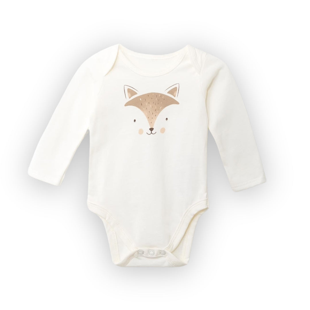 Langarm-Body für Baby mit niedlichem Fuchsgesicht und praktischen Druckknöpfen im Schrittbereich für einfaches An- und Ausziehen.