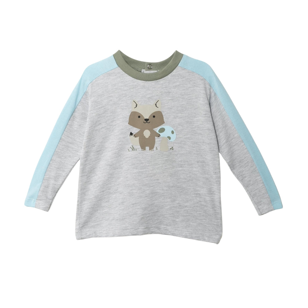 Fuchs-Print Hoodie in sanften Grau-, Grün- und Blautönen – Frontansicht, ideal für kleine Abenteurer zum Kuscheln und Spielen.