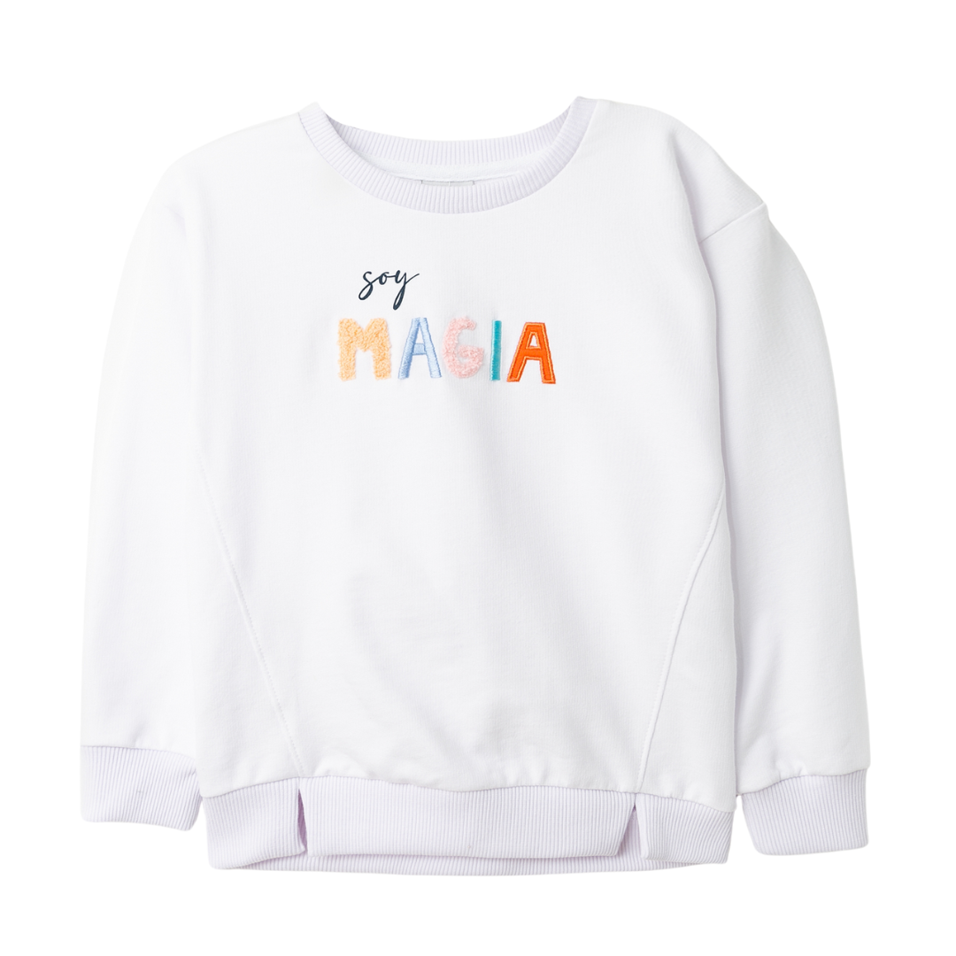 Weißer Baumwollpullover für Mädchen mit dem Schriftzug „Soy magia“ und stilvollem Schnitt am Bund.
