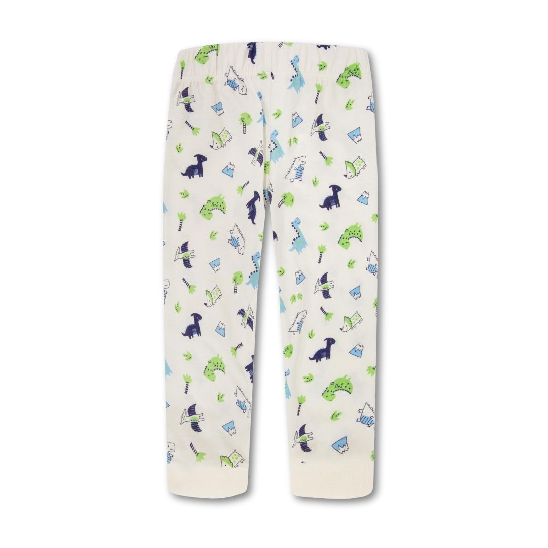 Elfenbeinfarbene Babyhose mit elastischem Bund und verspieltem All-over-Dino-Print – bequem für Babys 9–24 Monate.