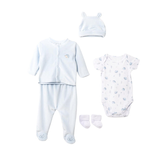 Hellblau Baby Set für Neugeborene – Frontansicht mit kuscheliger Hose, Jäckchen mit Igel-Stickerei, Body mit Igel-Motiv, Mütze und Socken.