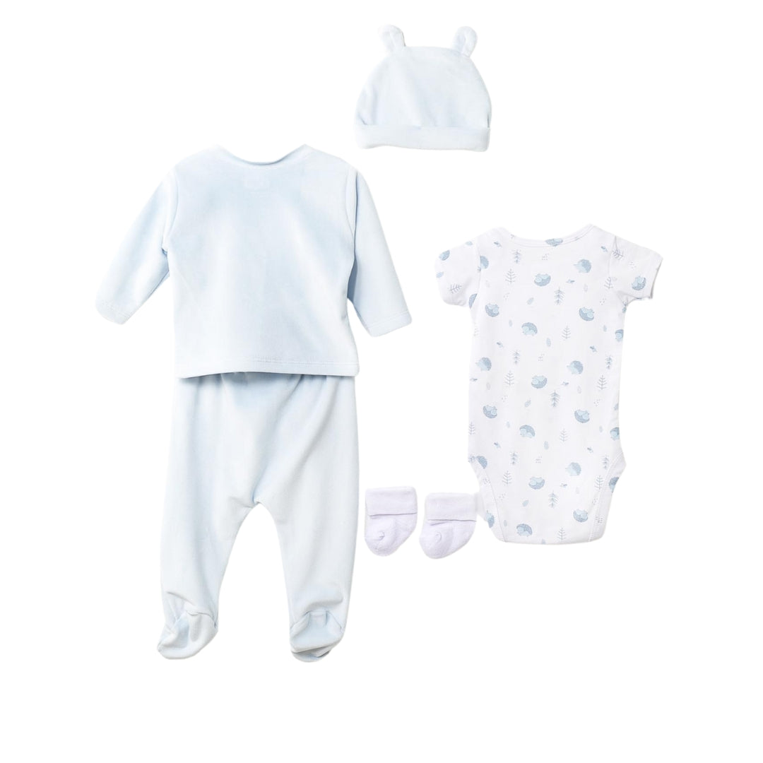 Hellblau Baby Set für Neugeborene – Rückansicht des Jäckchens mit Igel-Stickerei, Hose, Body mit Igel-Motiv, Mütze und Socken.