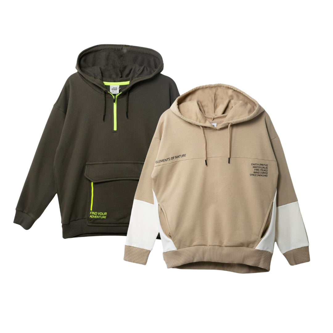 Beide Abenteuer-Hoodies zusammen, dunkelgrün und elfenbein, mit einzigartigen Details wie Kängurutaschen und versteckten Taschen für einen stylischen Look.