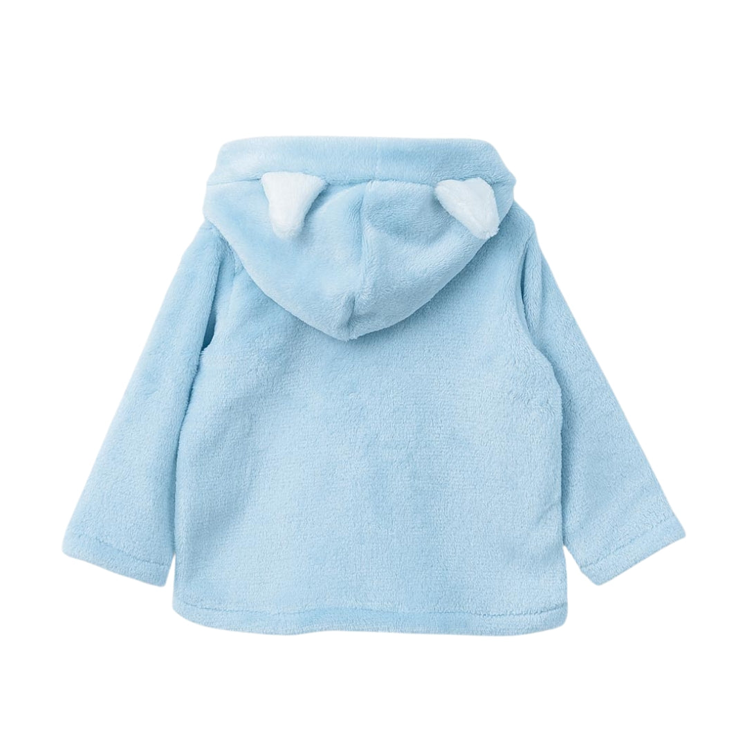 Rückansicht der Baby Kapuzenjacke in Hellblau und Weiß, ideal für Komfort und Wärme.