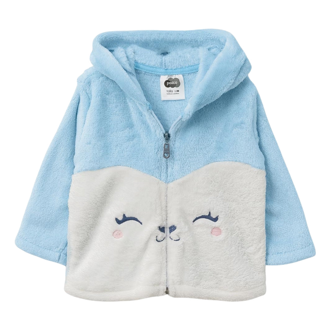 Baby Kapuzenjacke in Hellblau und Weiß mit süßen Ohren und Gesichtsstickerei, perfekt für kuschelige Momente.