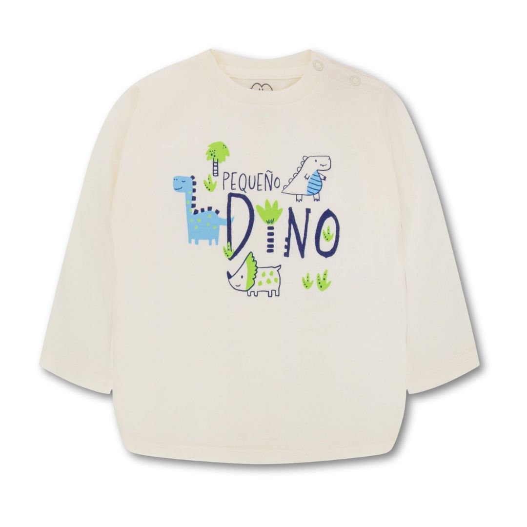 Weiches elfenbeinfarbenes Baby-Langarmshirt mit süßem Dino-Motiv und Schriftzug pequeño dino – bequem für Babys 9–24 Monate.