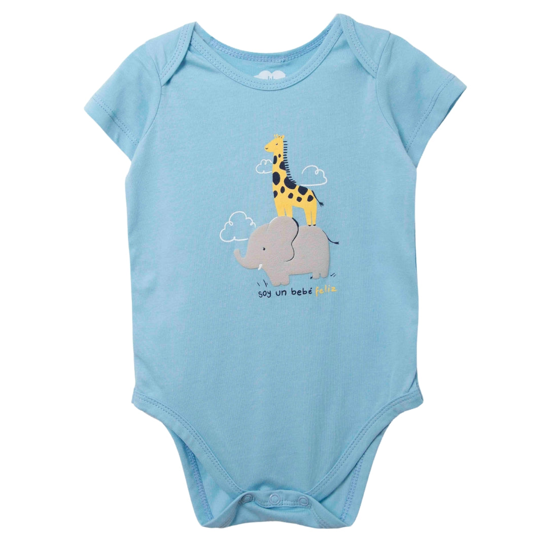 Elfenbeinfarbener Baby-Body aus Baumwolle mit Elefanten- und Giraffen-Print sowie dem Spruch „Soy un bebé feliz“