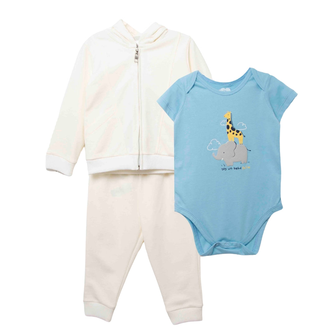 Baby-Set mit hellblauem Hoodie, elfenbeinfarbenem Body mit Elefanten-Print und passender Hose