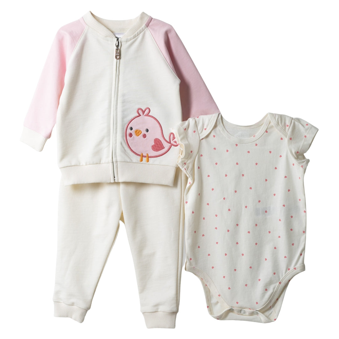 3-teiliges Baby-Set in Elfenbein und Rosa – Sweatshirt, Body und Hose für Mädchen