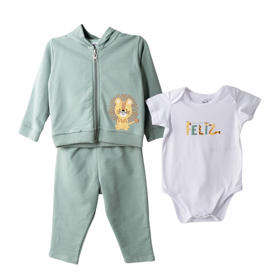 aby-Set mit grünem Hoodie mit Löwen-Stickerei, weißem „Siempre Feliz“-Body und passender Hose