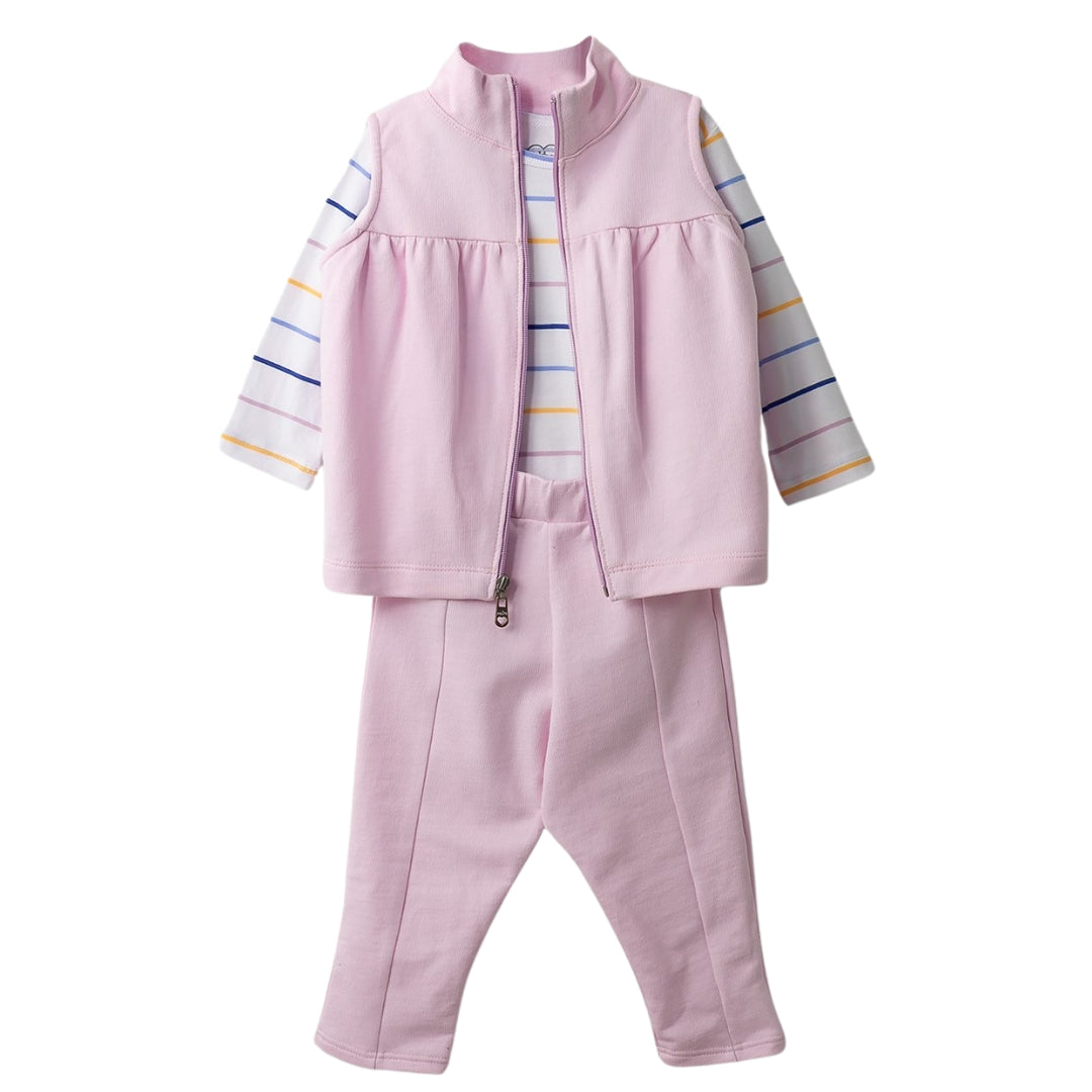 Baby-Set mit rosa Zip-Up Weste, gestreiftem Body und passender Hose