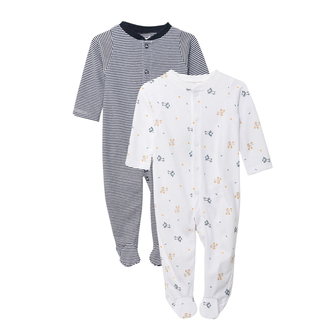 Frontansicht des 2-teiligen Baby-Strampler Sets mit Hunde-Print und gestreiften Details aus 100% Baumwolle.