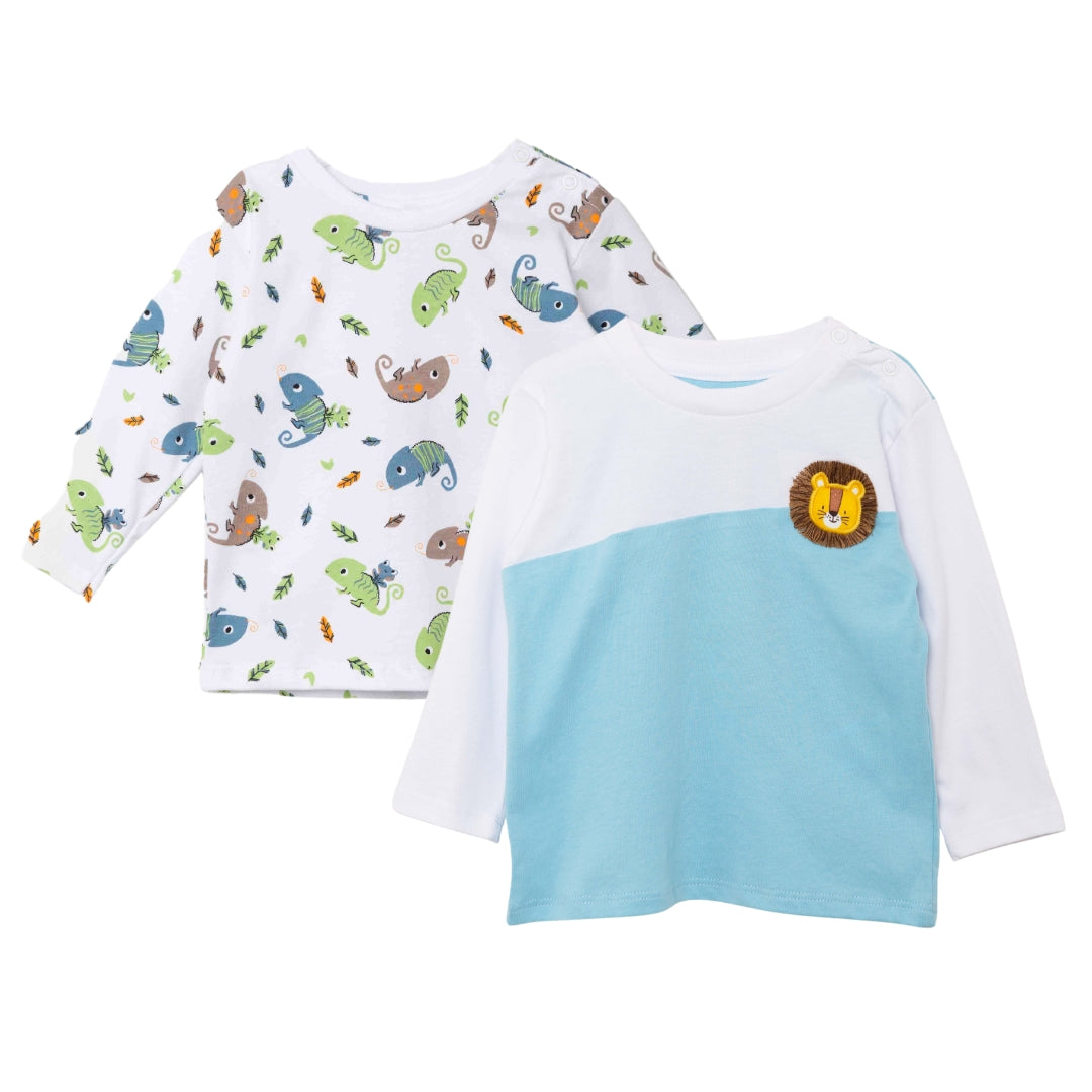 Baby T-Shirt Set aus 100% Baumwolle mit Löwen-Stickerei und Chamäleon-Print