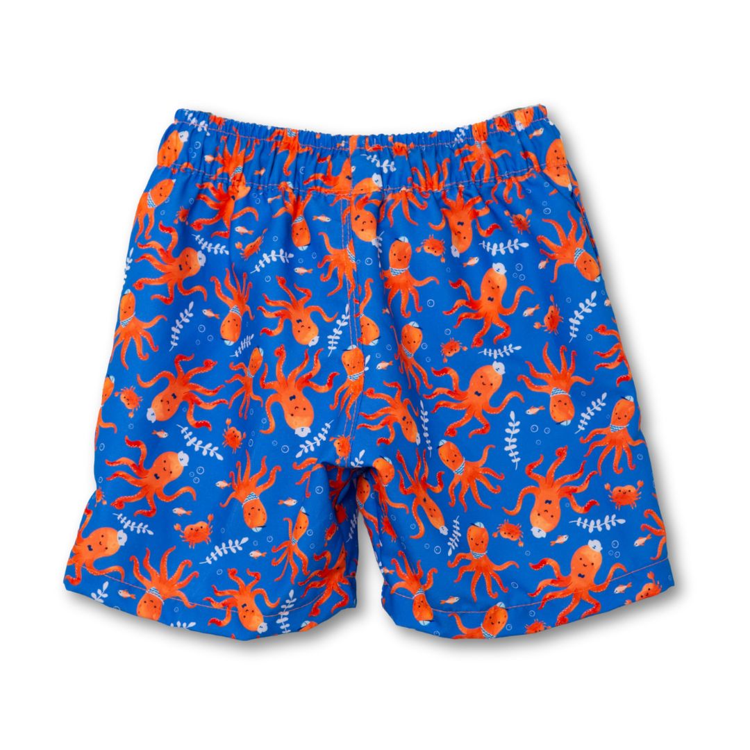 Rückseite der blauen Baby-Badehose mit elastischem Bund und niedlichem Oktopus-Muster