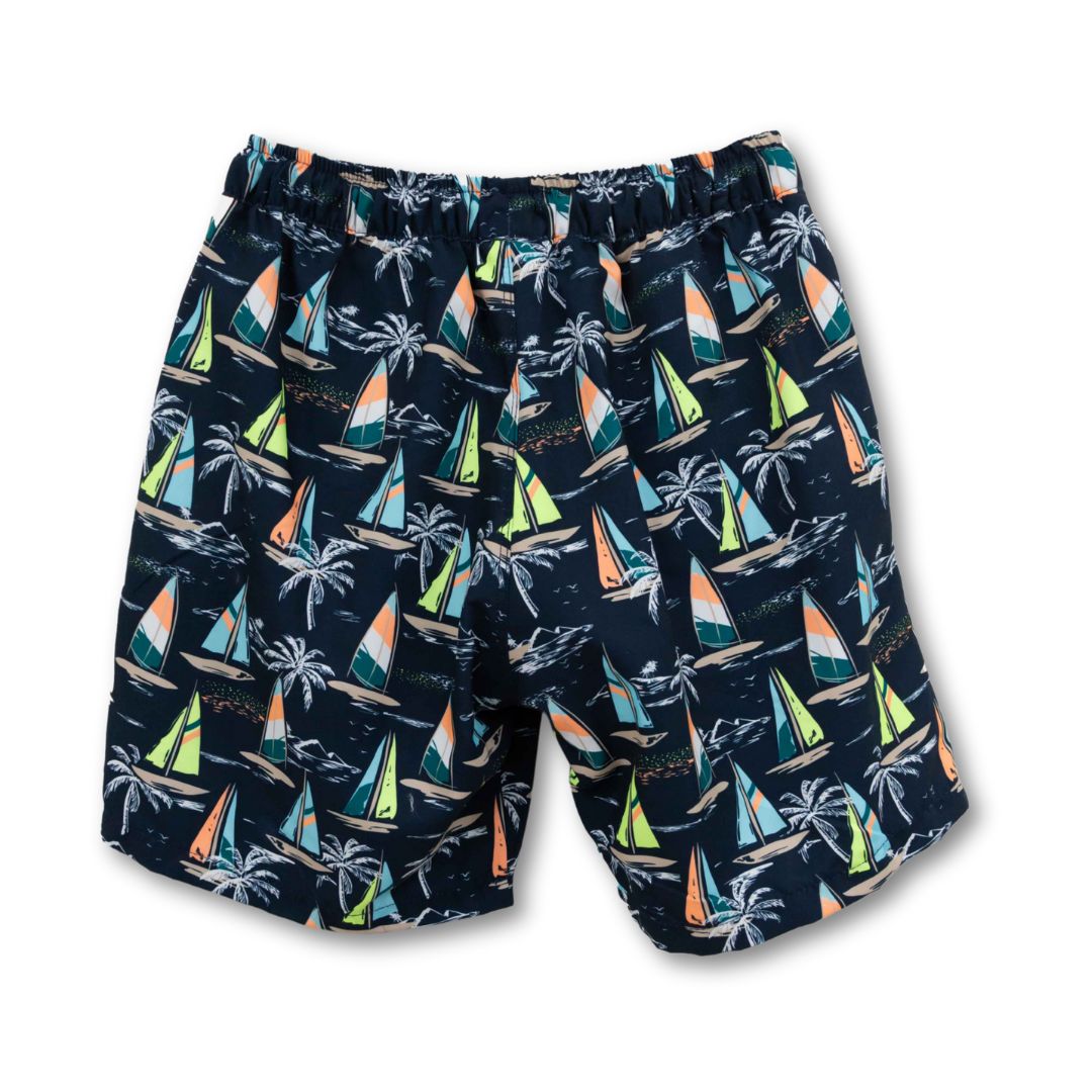 Details von elastischem Bund und seitlichen Taschen der Bermuda Badehose Jungen Navy Blau