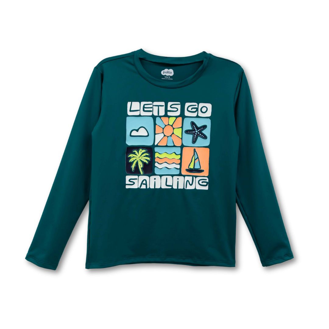Badeshirt Jungen Meeresgrün Segelprint – bequem, elastisch, stylisch