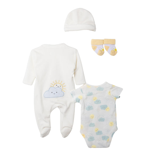 Beiges Set für Neugeborene – Rückansicht des Zip-up Stramplers, Body, Mütze und Socken.