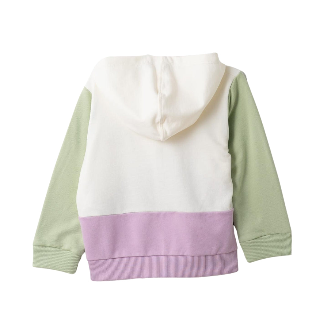 Rückansicht des Mädchen Zip-Up Hoodies im Blockfarben-Design.