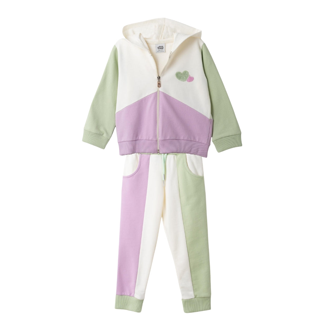 Mädchen Jogger-Set mit Zip-Up Hoodie und Jogger im Blockfarben-Design in Lila, Grün und Creme