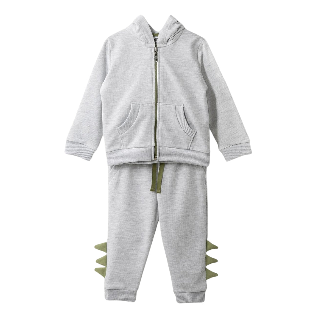 Dino-Set mit grauem Hoodie und Spielhose mit grünen Dino-Stacheln