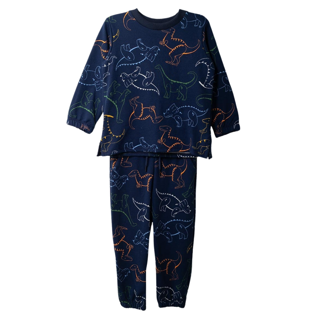 Vollständiges Dinosaurier Jogger-Set Outfit für Jungs in Dunkelblau, bestehend aus Pullover und Hose von vorne