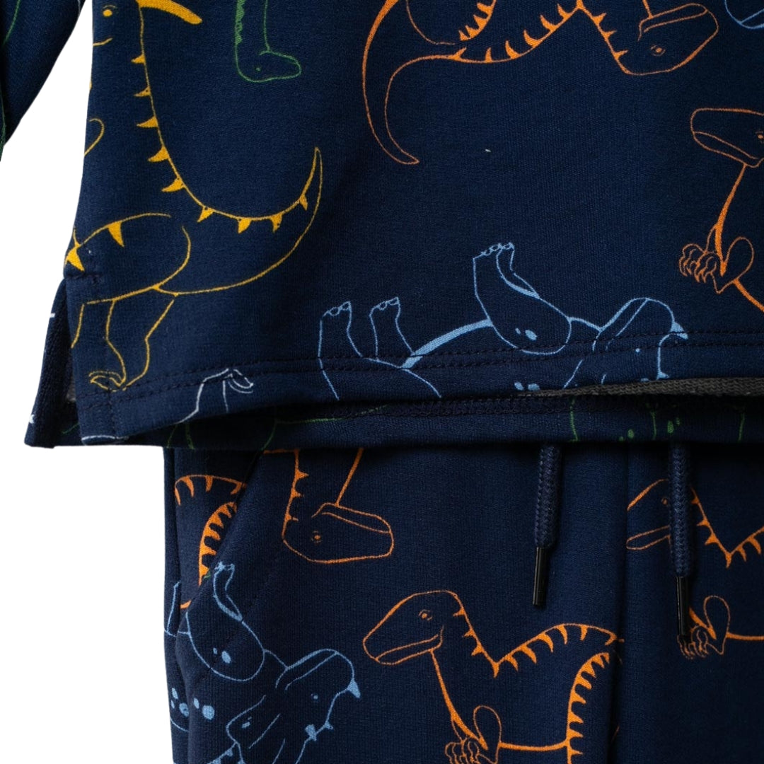 Nahaufnahme des Dinosaurier Outfits für Jungs, mit Fokus auf die Dino-Motive und Details