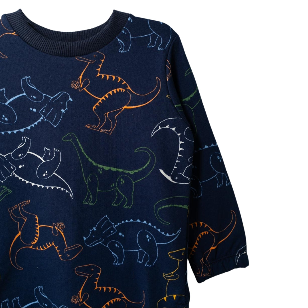 Dinosaurier Pullover für Jungs in Dunkelblau mit bunten Dino-Motiven, Ansicht von vorne