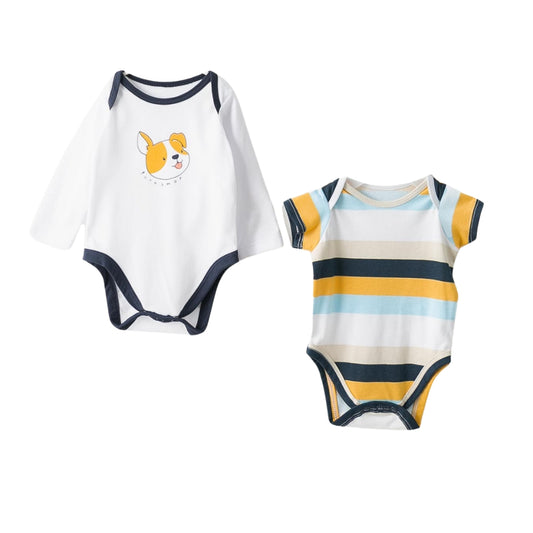 Vorderansicht des Babybodys mit Hunde-Motiv, langen Ärmeln und dunkelblauen Akzenten.