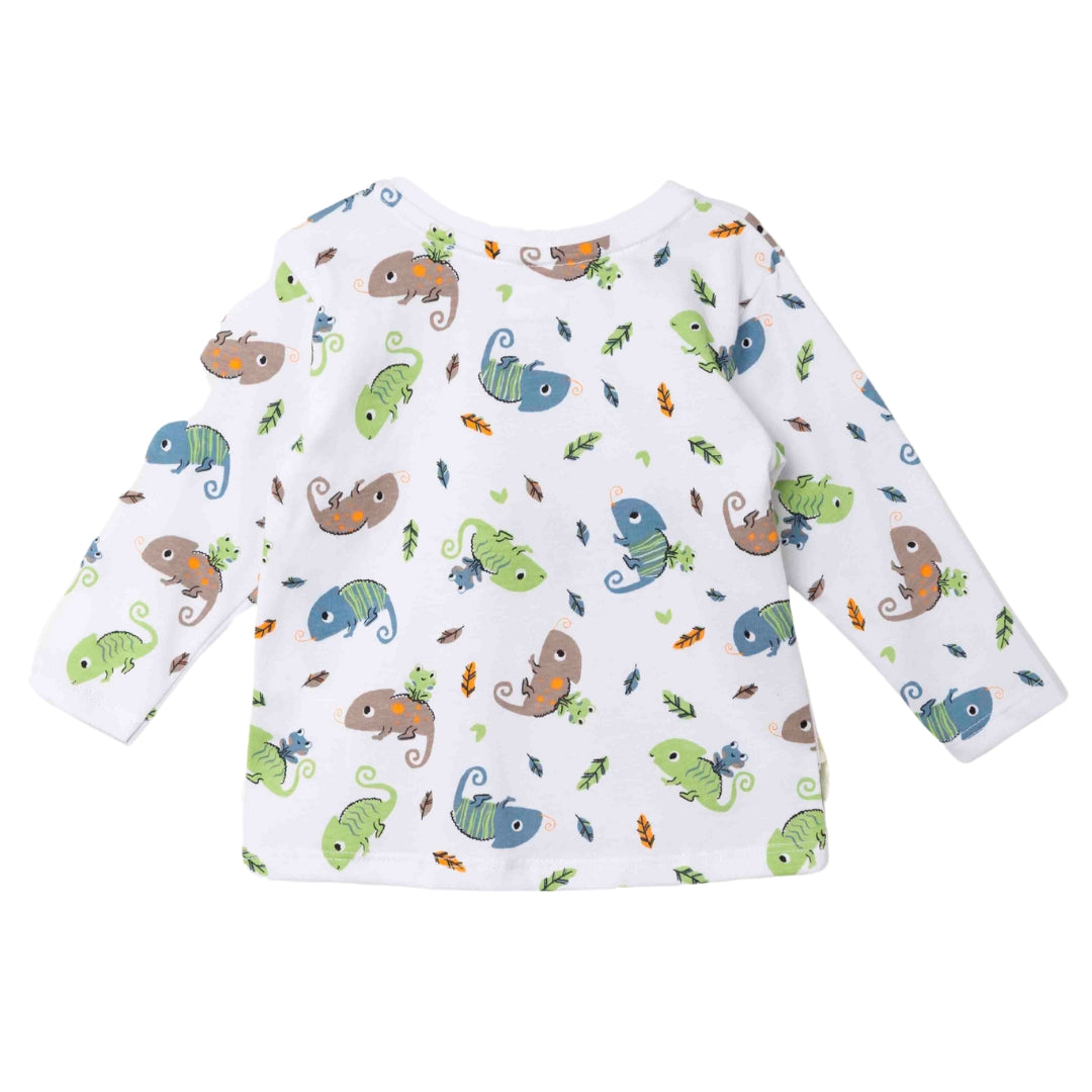 Vorderansicht des Baby T-Shirts mit einem fröhlichen Chamäleon-Print für einen farbenfrohen Look