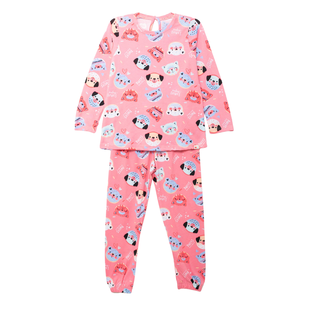 Schlafanzug mit Hundeprint und langärmeliger Oberteil in Rosa.