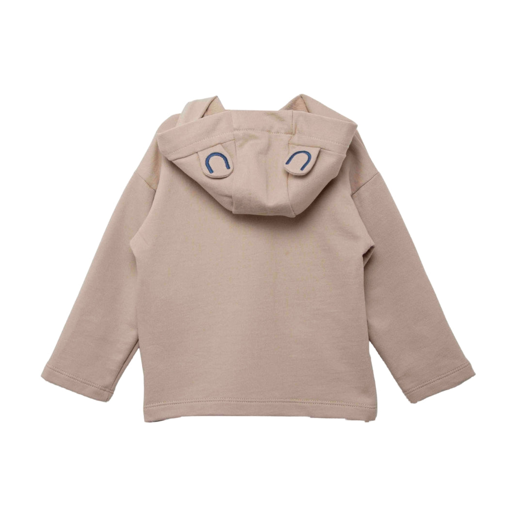 Rückansicht des Froschfreude Hoodies in Sand – ideal für kleine Entdecker mit praktischer Kapuze.