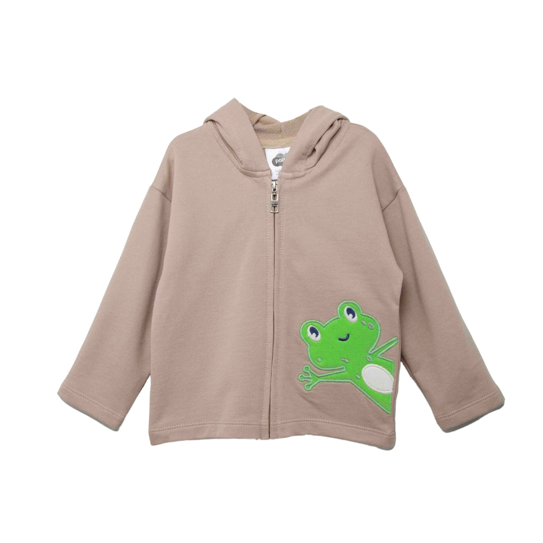 Froschfreude Hoodie in Sand – Frontansicht mit grünem Frosch-Stickmotiv und praktischem Frontreißverschluss.