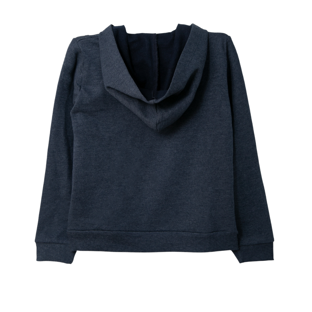 ückansicht des dunkelblauen Baumwollfleece-Hoodies für Jungen, flach ausgelegt, mit kuscheligem Innenfutter