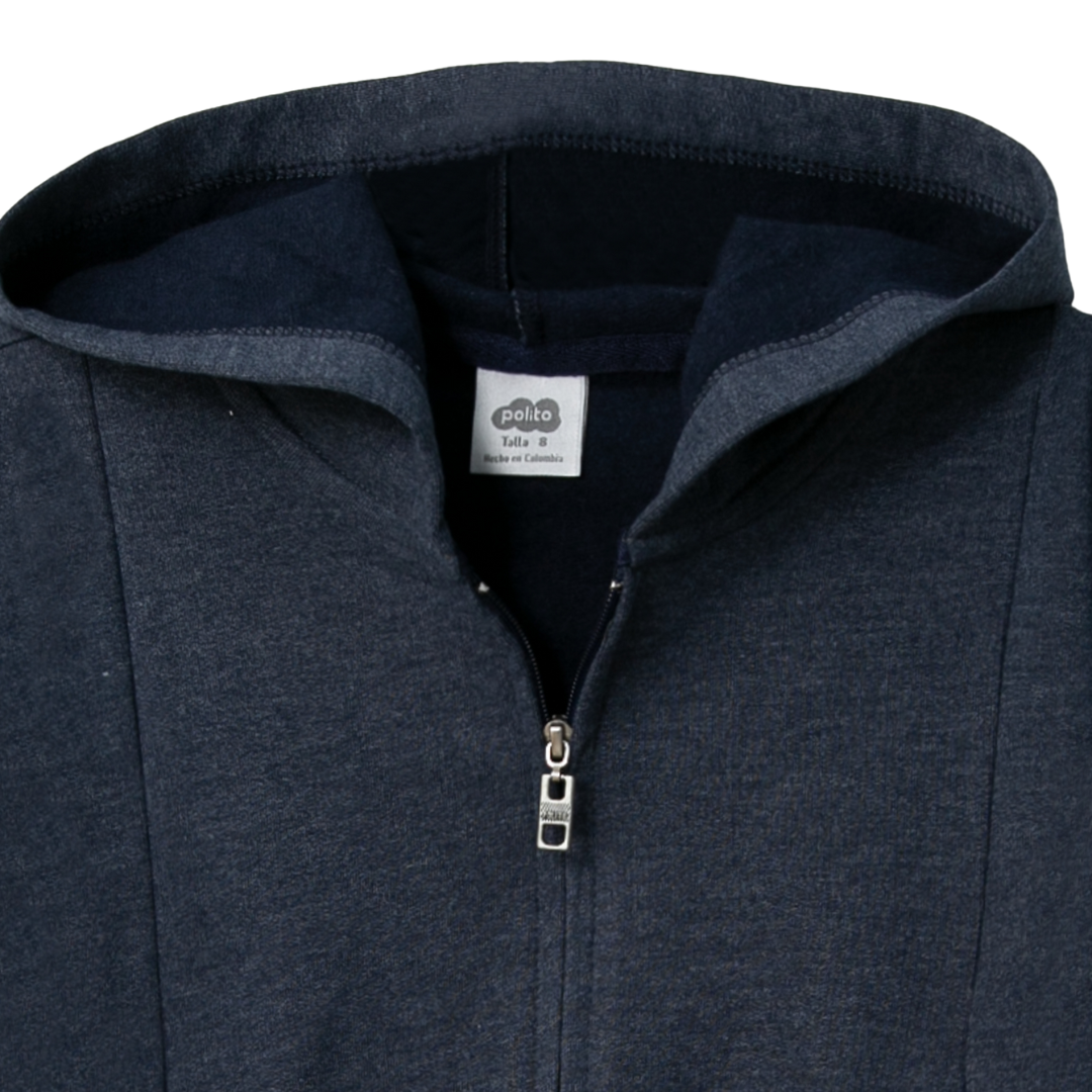 Detailaufnahme der Kapuze des dunkelblauen Baumwollfleece-Hoodies für Jungen