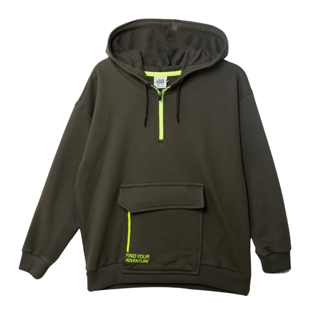Militärgrüner Hoodie mit Kängurutasche und auffälligem neonfarbenem Reißverschluss.