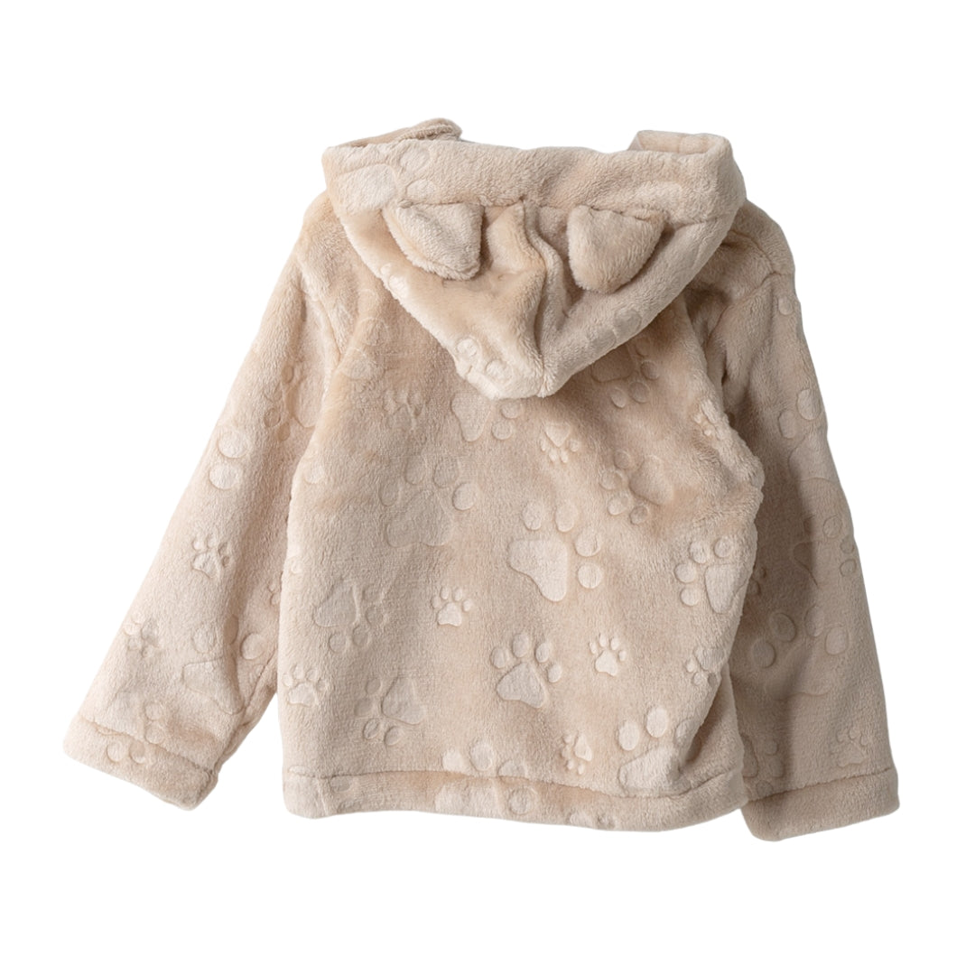 Rückseite der kuscheligen Jacke in Khaki mit weichem Plüschstoff und Tiermotiv-Details