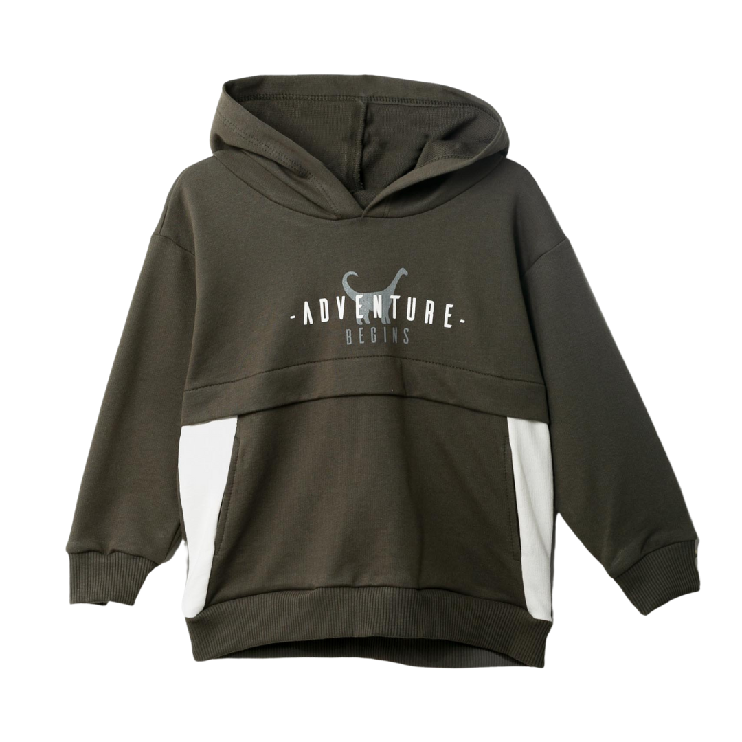 Dunkelgrüner Abenteuerer Kapuzenpullover für Jungs mit Dinosaurier-Motiv und “ADVENTURE BEGINS”-Schriftzug