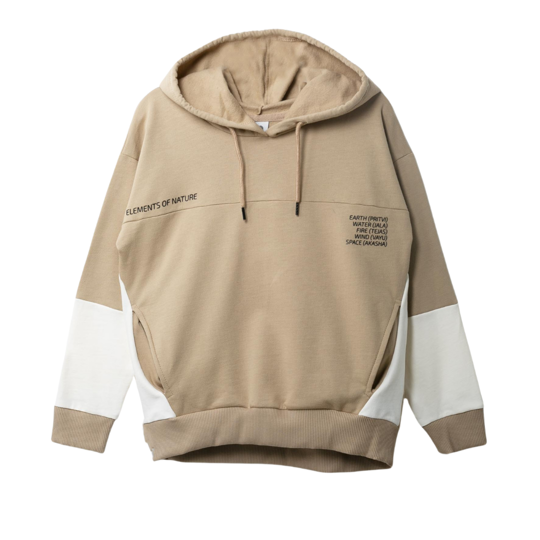 Sandfarbener Hoodie aus weichem Baumwollfleece mit elfenbeinfarbenen Einsätzen und praktischen versteckten Taschen.
