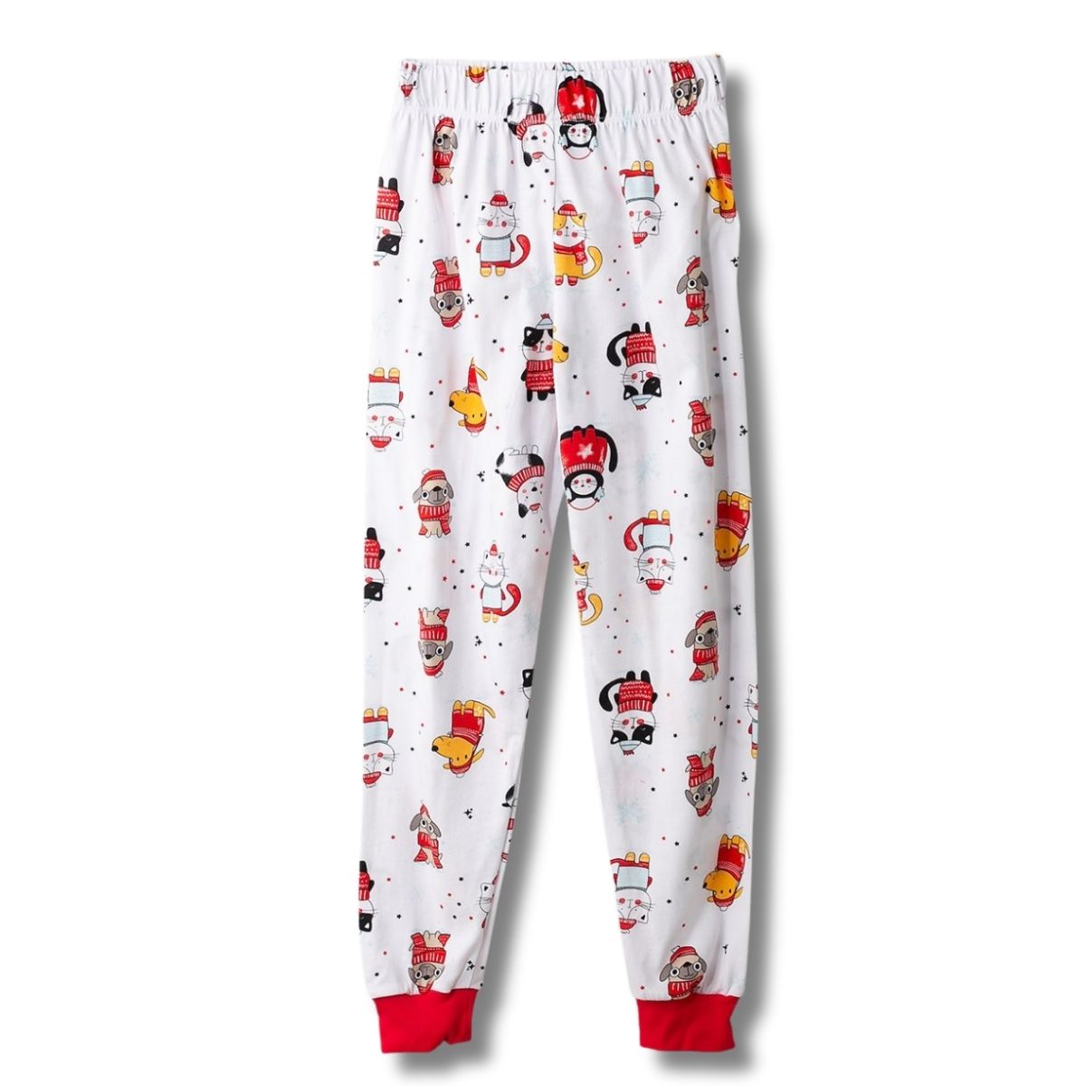 Nahaufnahme der Hose des Unisex-Weihnachtspyjamas für Kinder aus weicher, hautfreundlicher Baumwolle