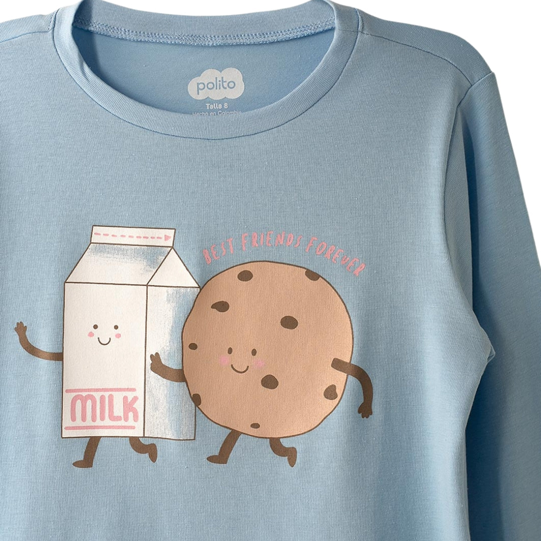 Blauer Langarm-Schlafanzug mit Keks-und-Milch-Motiv