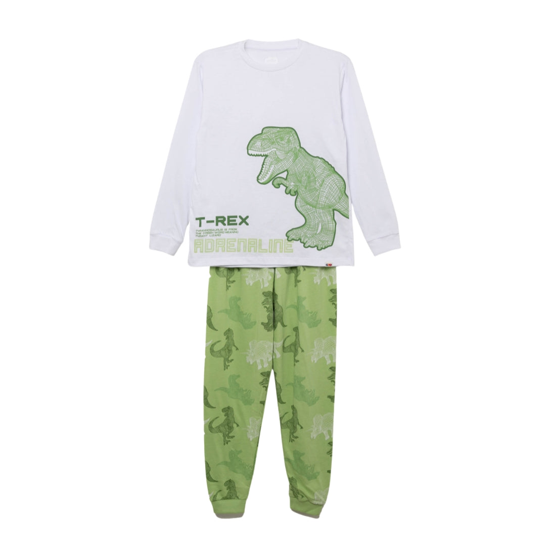 Weißes Kinder-Schlafanzug-Oberteil mit T-Rex-Print und grüne Hose mit Dino-Muster