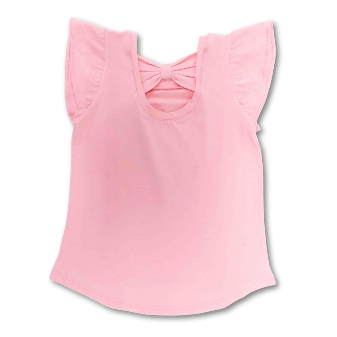 Rückenansicht des rosafarbenen Kurzarm T-Shirts mit Schleifenöffnung – praktisch und süß.