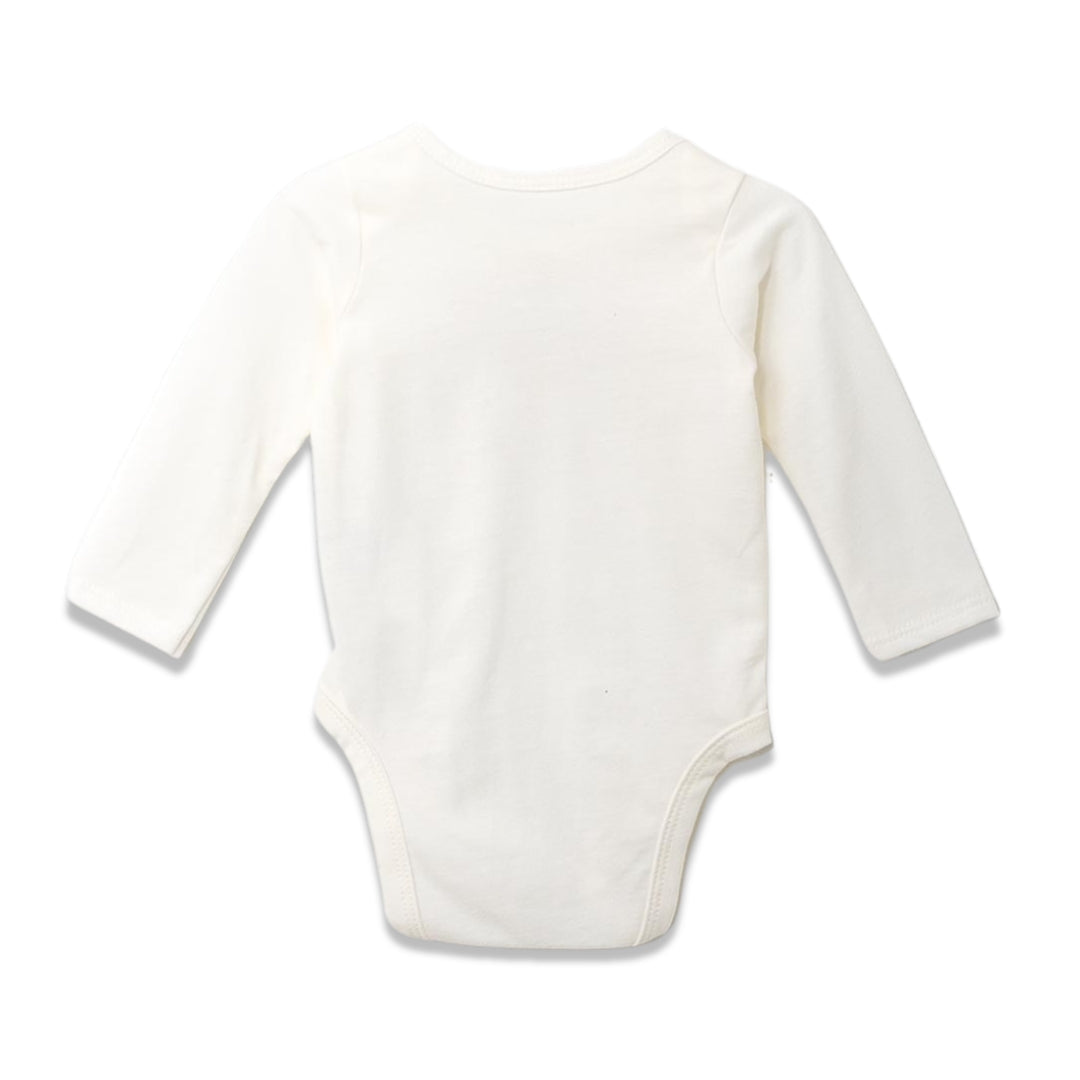 Rückansicht des Langarm-Bodys für Baby mit Druckknöpfen im Schrittbereich und Schulterdetails, ideal für einfachen Komfort.