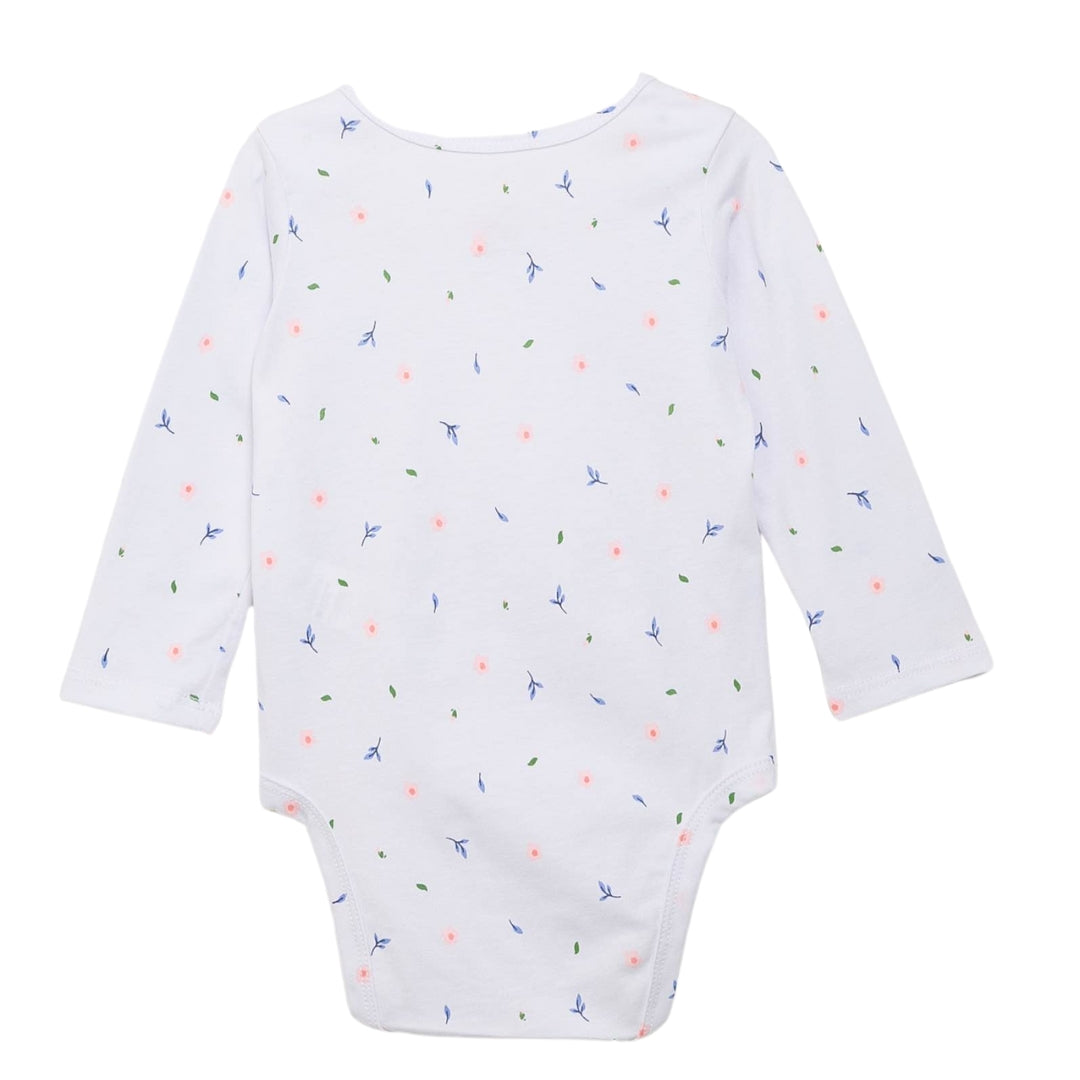 Rückseite des Langarm-Bodys mit Blumen-Miniprint, hautfreundlicher Baumwollstoff für sanften Tragekomfort.