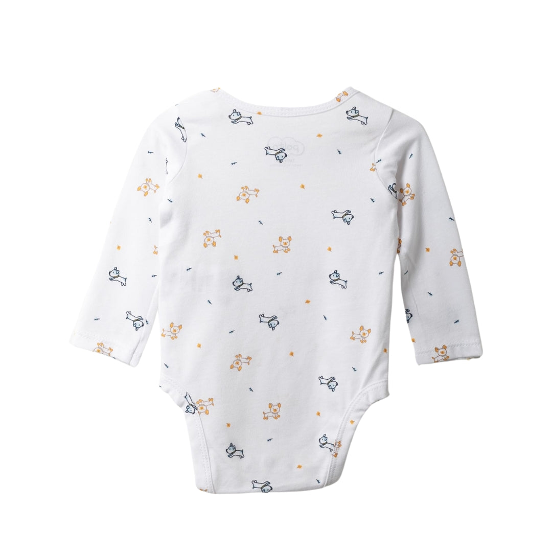 Langarm-Body mit Hündchen-Print, praktische Druckknöpfe und weiche Baumwolle für Babys empfindliche Haut.