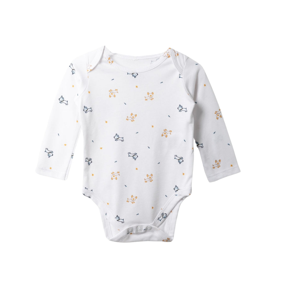 Langarm-Body mit Hündchen-Print, praktische Druckknöpfe und weiche Baumwolle für Babys empfindliche Haut.