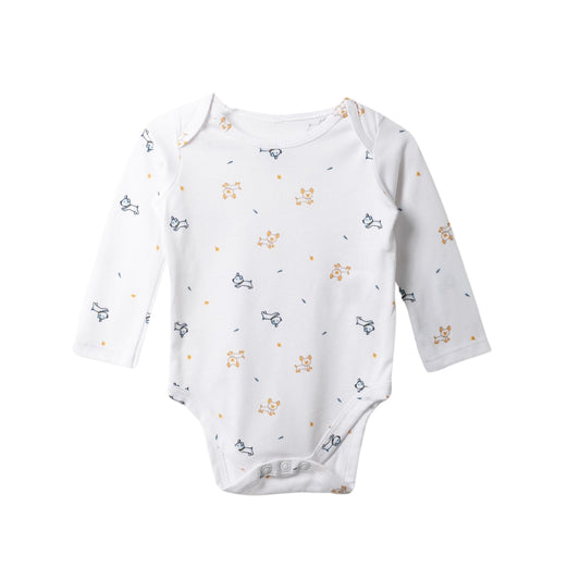 Langarm-Body mit Hündchen-Print, praktische Druckknöpfe und weiche Baumwolle für Babys empfindliche Haut.