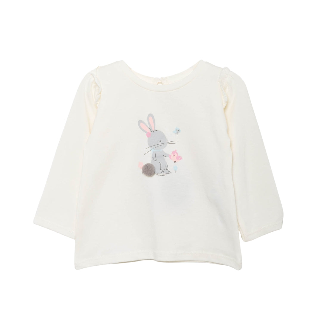 Langarm T-Shirt für Baby mit pastellfarbenem Hasenmotiv, Rüschendetails an den Ärmelbündchen und flauschigem Hasenschwanz.