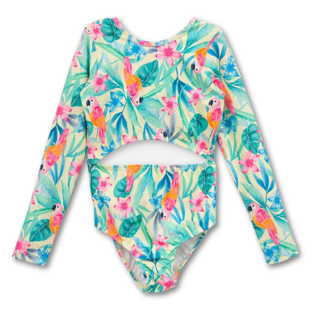 Mädchen Badeanzug mit buntem Papagei-Print, bequem und praktisch langarm-badeanzug-papagei-front
