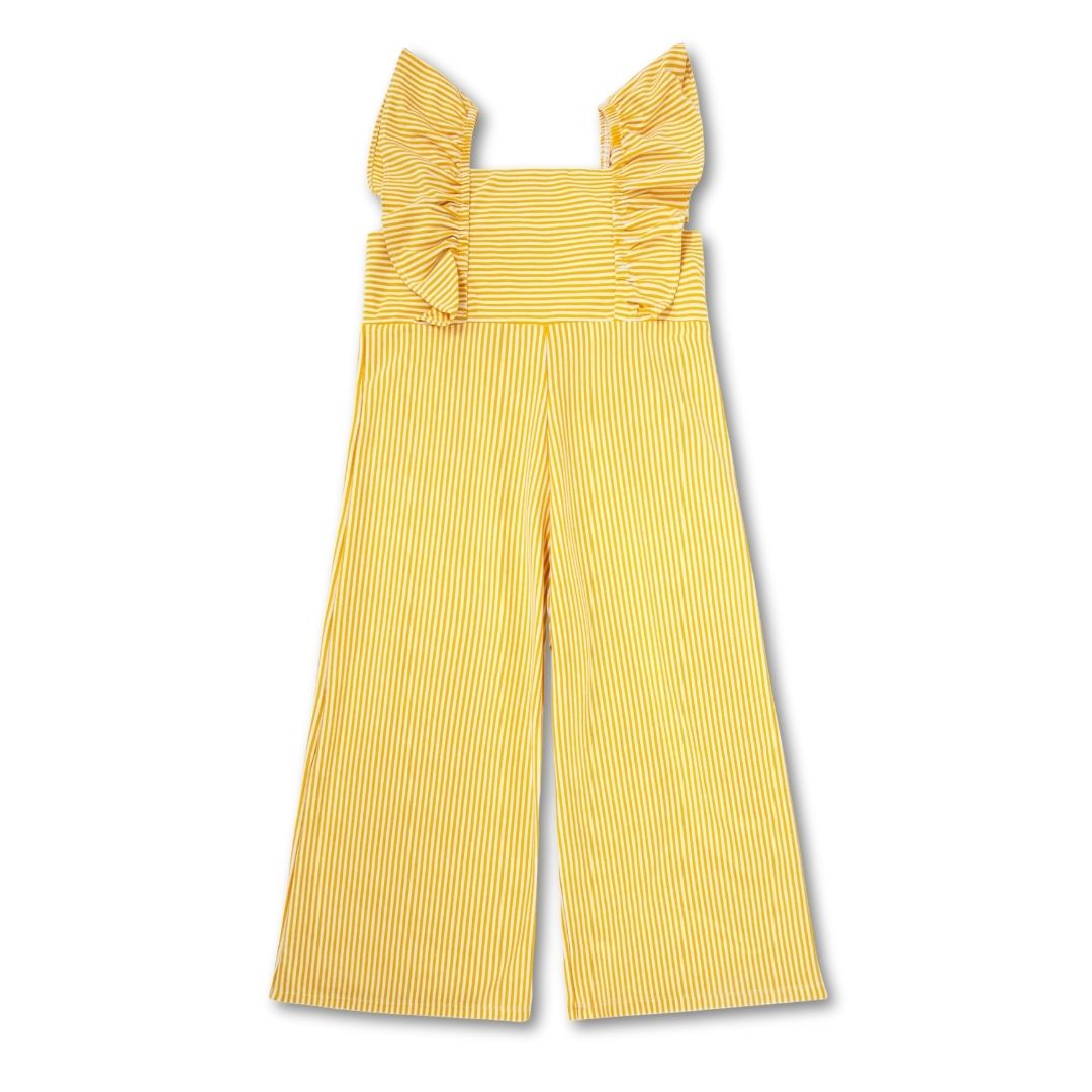 Gelb-weiß gestreifter Mädchen Jumpsuit mit überlappenden Ärmeln – sommerlich, bequem und stylisch.